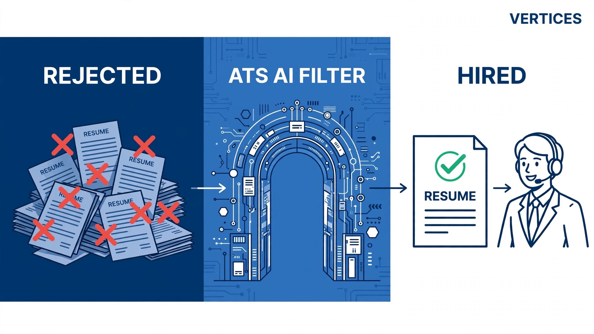Infographic showing how ATS AI filter rejects most resumes and only shortlisted resume reaches hiring manager - Vertices