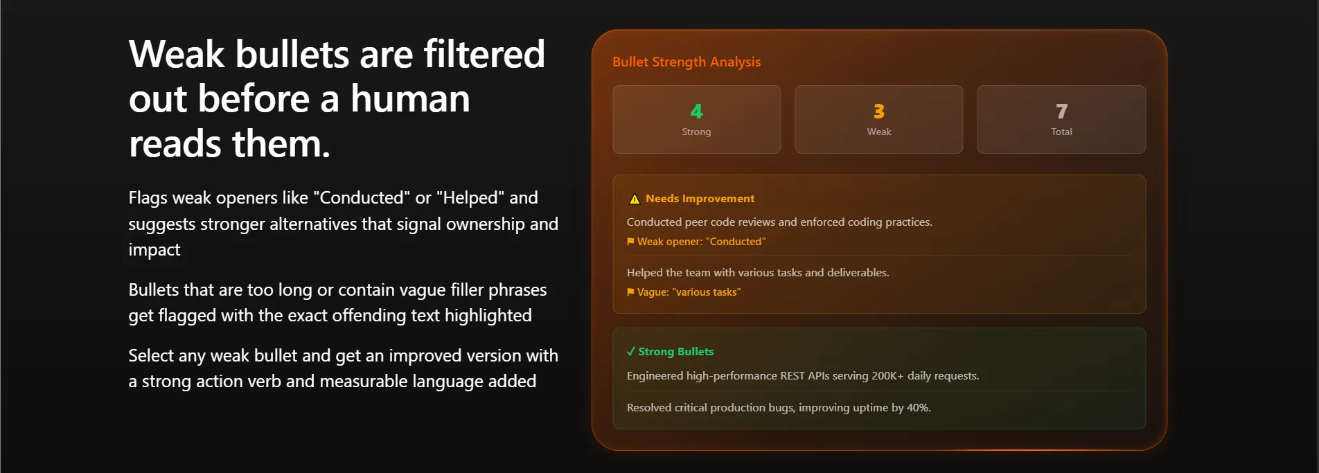 Bullet strength analysis card showing strong, weak, and total bullet counts with examples
