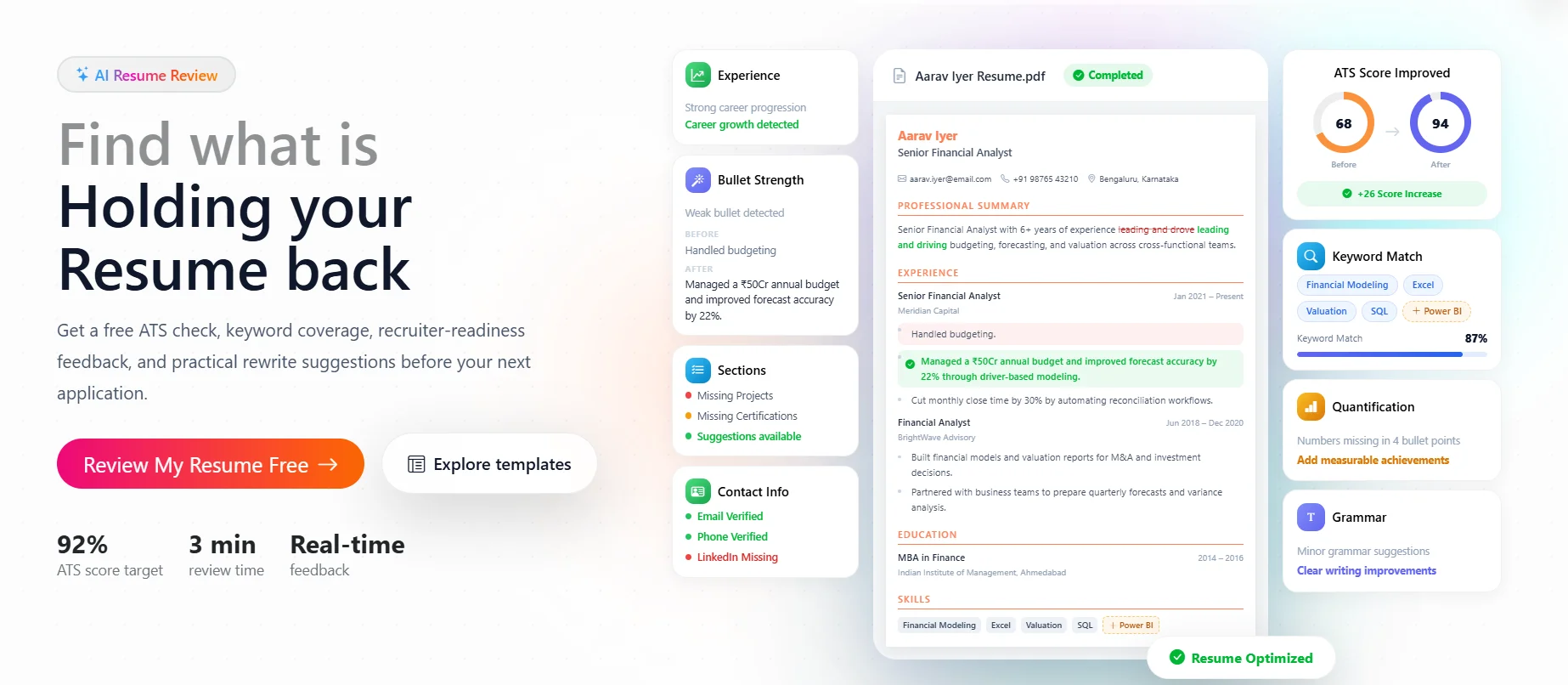 AI resume review app showing inline annotations on a financial analyst resume connected to a review checklist with an 87% keyword match and a 92 ATS score