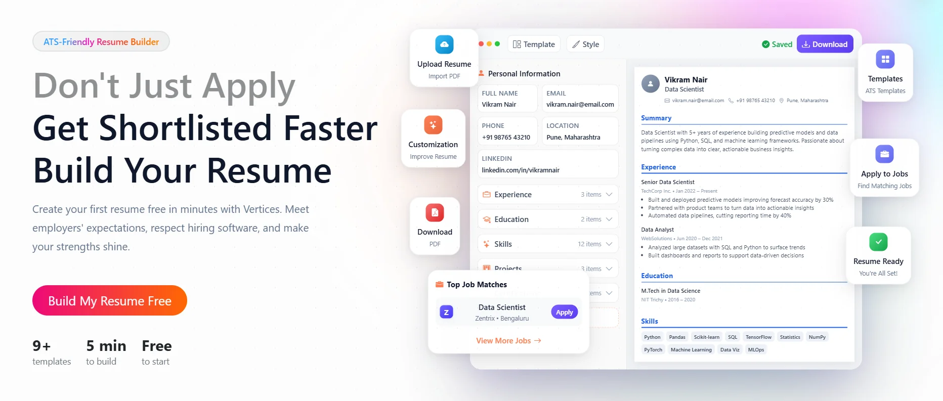 Vertices resume builder illustration showing the live editor, AI suggestions, templates, and job matching