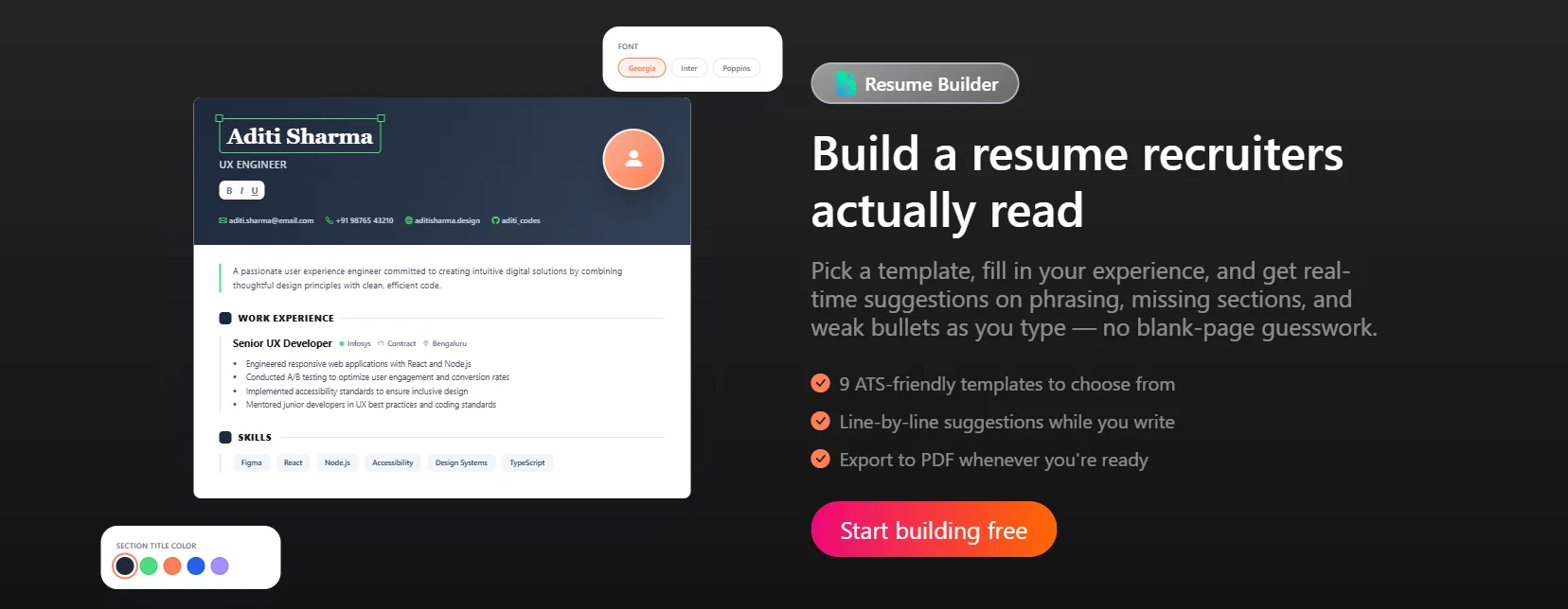 Vertices resume builder showing real-time suggestions on phrasing, missing sections, and weak bullets while editing a resume