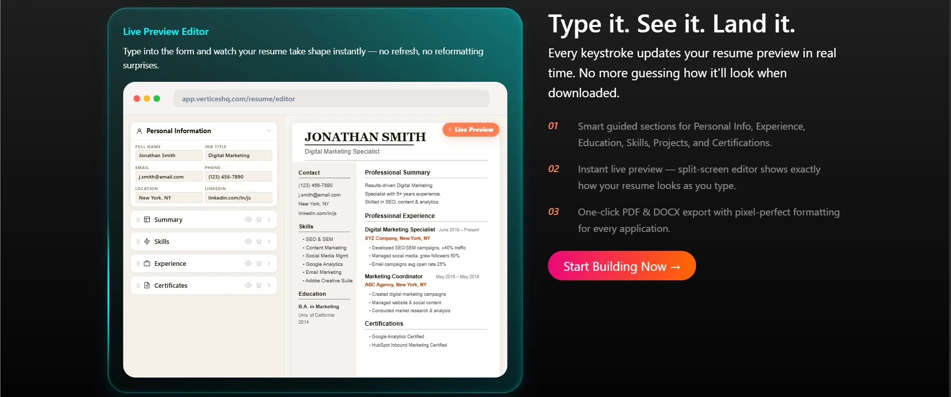 Vertices live resume editor showing the form and real-time resume preview side by side